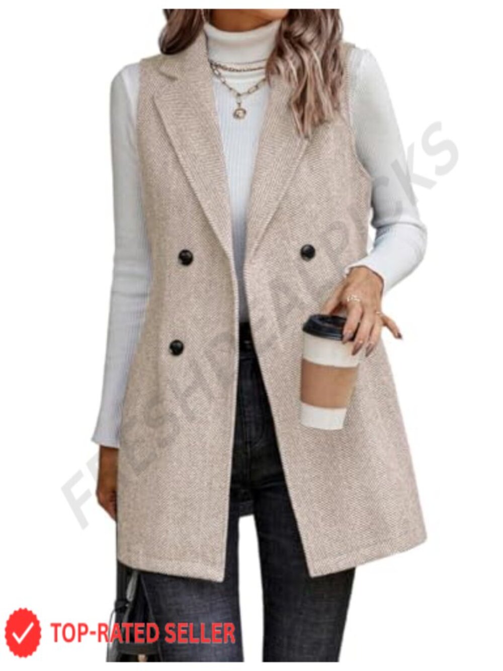 Sleeveless Tweed Blazer Vest Longline Herringbone Wool Blend Double Breasted